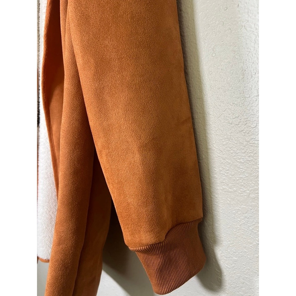 Faux Suede Sherpa Lined Open Front Jacket Size M Cognac Brown Cozy Cabincore - Picture 2 of 12